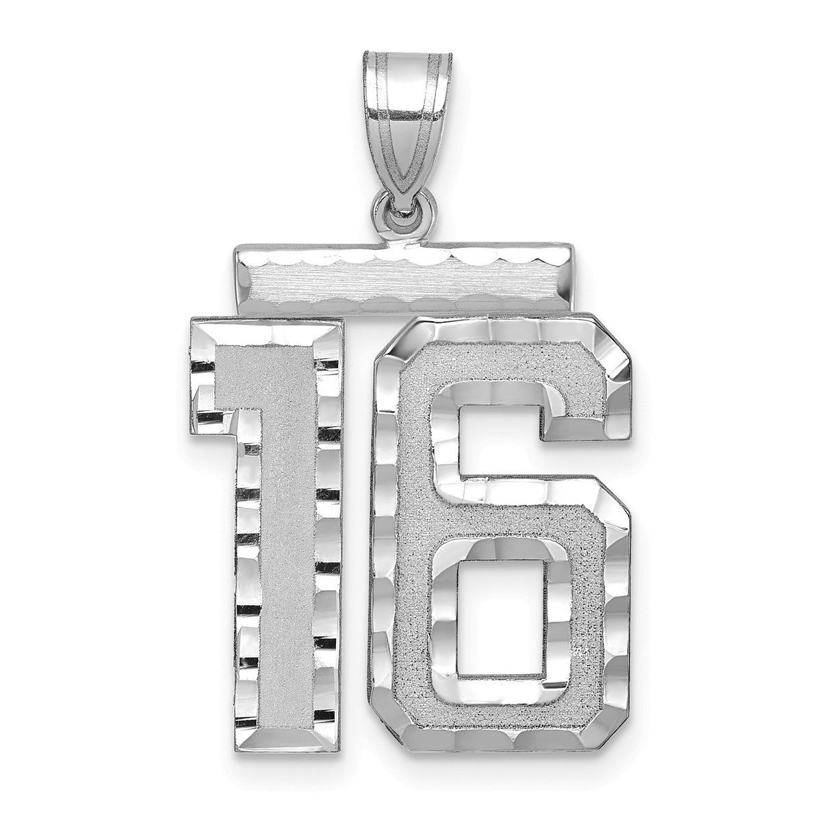 Large Brushed Diamond-cut Number 16 Charm Pendant in Real 14k White Gold