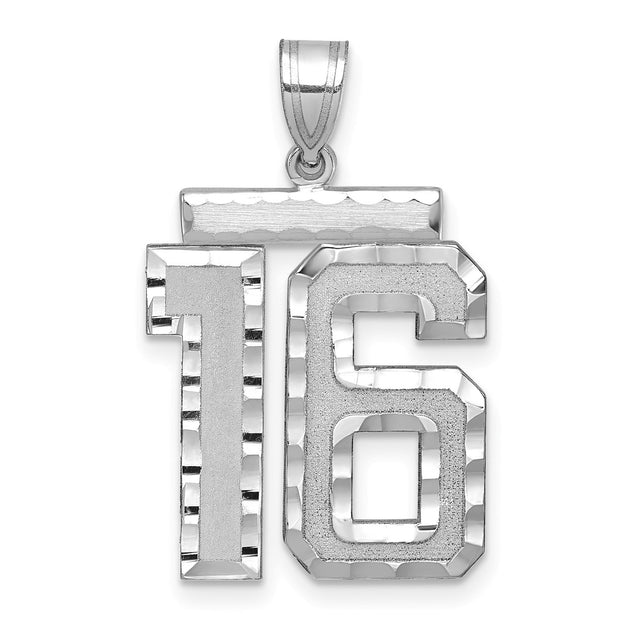 Large Brushed Diamond-cut Number 16 Charm Pendant in Real 14k White Gold