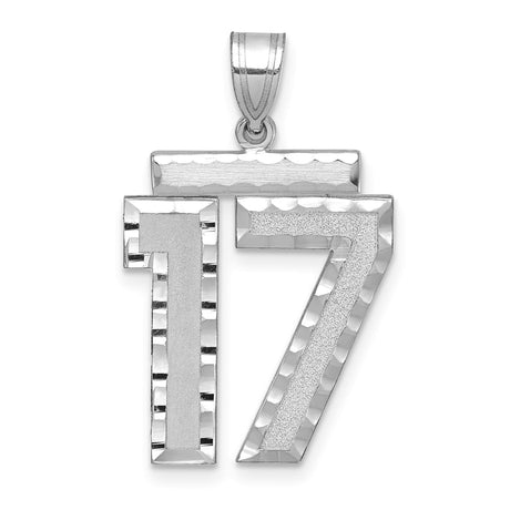 Large Brushed Diamond-cut Number 17 Charm Pendant in Real 14k White Gold