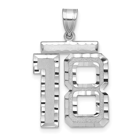 Large Brushed Diamond-cut Number 18 Charm Pendant in Real 14k White Gold