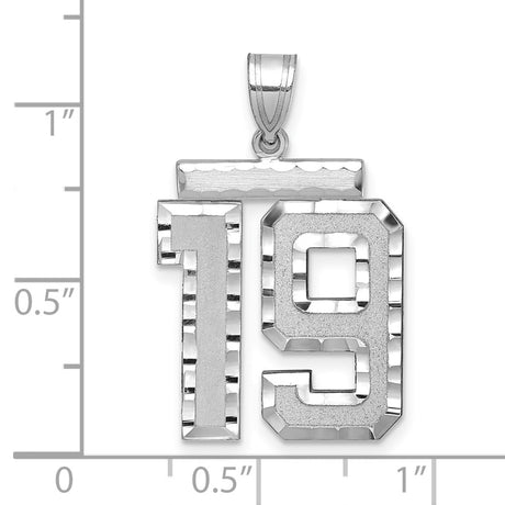 Large Brushed Diamond-cut Number 19 Charm Pendant in Real 14k White Gold