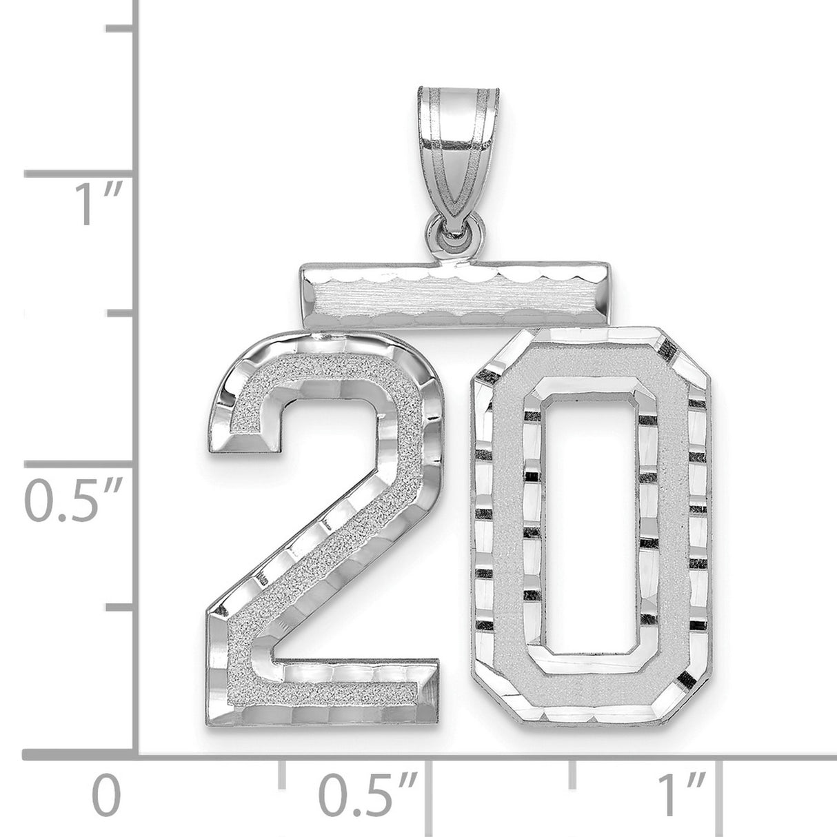 Large Brushed Diamond-cut Number 20 Charm Pendant in Real 14k White Gold