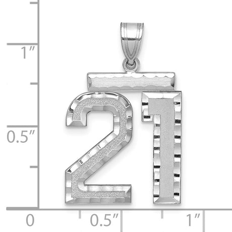 Large Brushed Diamond-cut Number 21 Charm Pendant in Real 14k White Gold