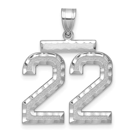 Large Brushed Diamond-cut Number 22 Charm Pendant in Real 14k White Gold
