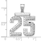 Large Brushed Diamond-cut Number 25 Charm Pendant in Real 14k White Gold