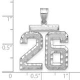 Large Brushed Diamond-cut Number 26 Charm Pendant in Real 14k White Gold