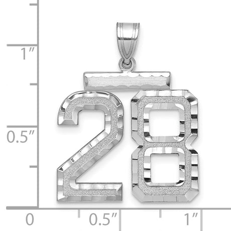 Large Brushed Diamond-cut Number 28 Charm Pendant in Real 14k White Gold
