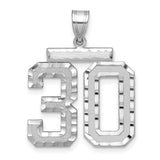Large Brushed Diamond-cut Number 30 Charm Pendant in Real 14k White Gold