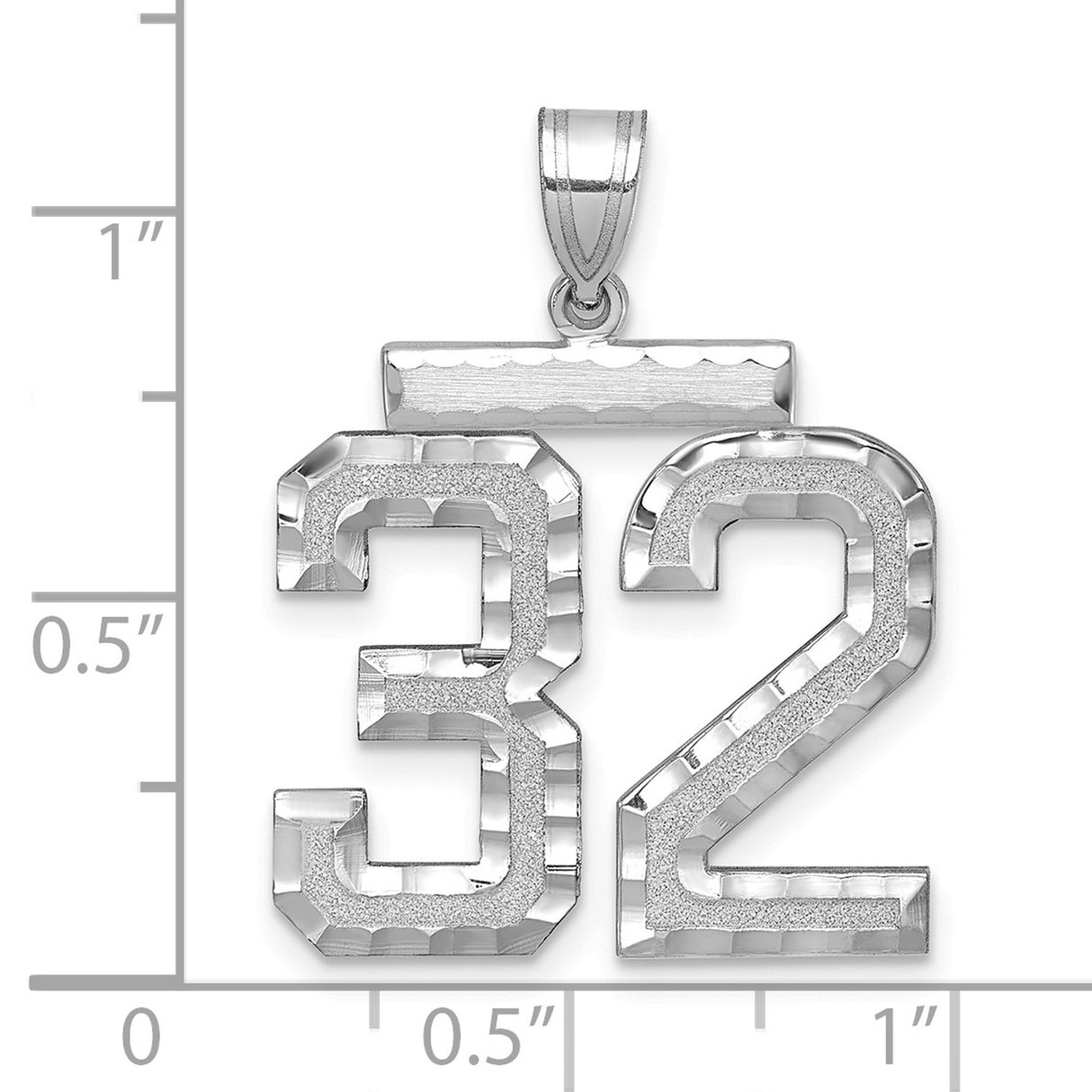 14k White Gold Number 32 Pendant, Diamond Cut Sports Charm for Men and Women