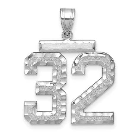 14k White Gold Number 32 Pendant, Diamond Cut Sports Charm for Men and Women