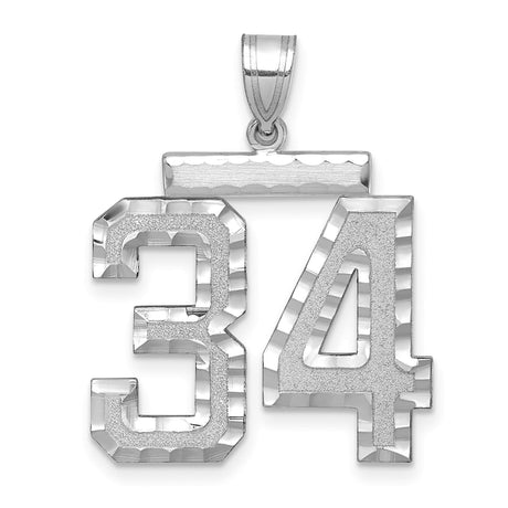 Large Brushed Diamond-cut Number 34 Charm Pendant in Real 14k White Gold