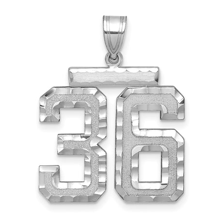 Large Brushed Diamond-cut Number 36 Charm Pendant in Real 14k White Gold