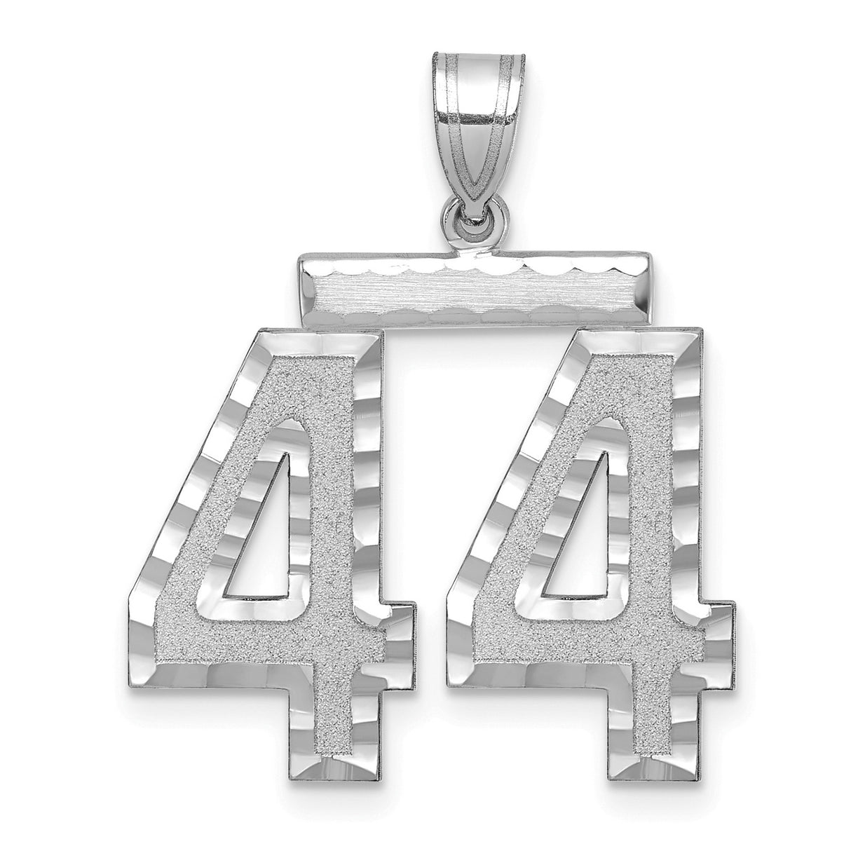 Large Brushed Diamond-cut Number 44 Charm Pendant in Real 14k White Gold