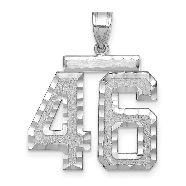 Large Brushed Diamond-cut Number 46 Charm Pendant in Real 14k White Gold
