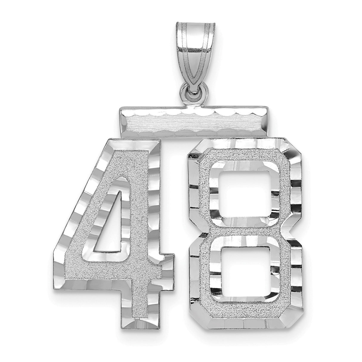 Large Brushed Diamond-cut Number 48 Charm Pendant in Real 14k White Gold
