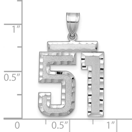 Large Brushed Diamond-cut Number 51 Charm Pendant in Real 14k White Gold