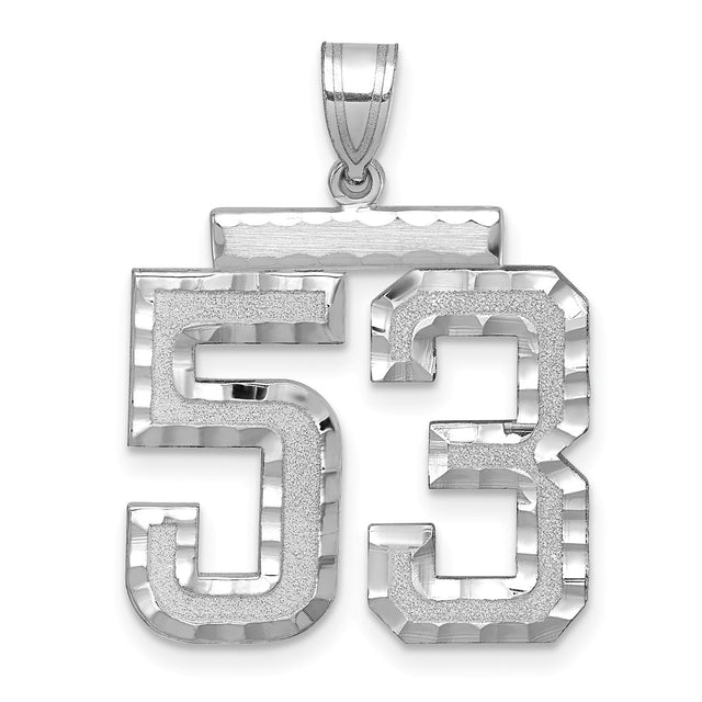 Large Brushed Diamond-cut Number 53 Charm Pendant in Real 14k White Gold