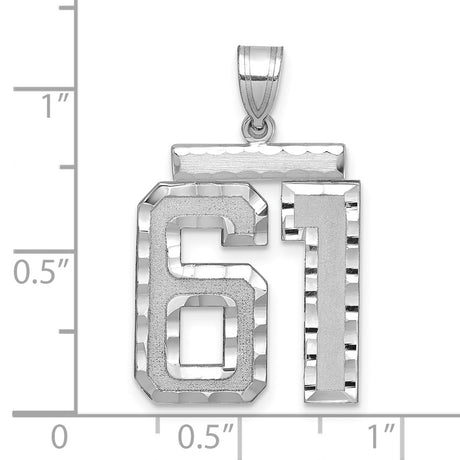 Large Brushed Diamond-cut Number 61 Charm Pendant in Real 14k White Gold