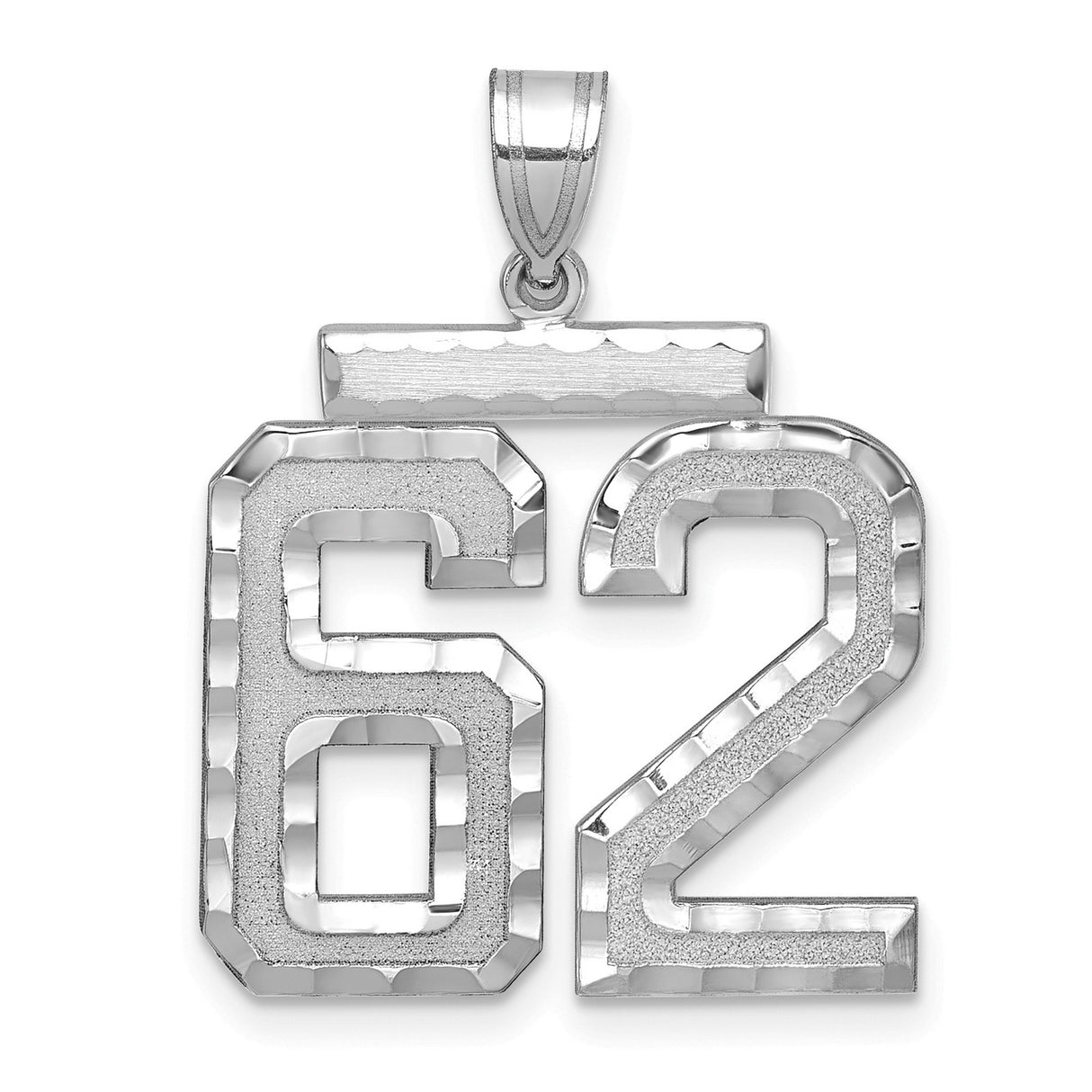 Large Brushed Diamond-cut Number 62 Charm Pendant in Real 14k White Gold