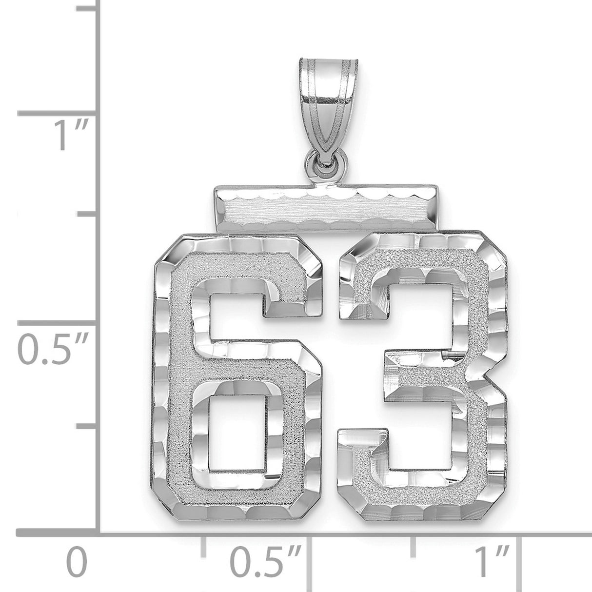 Large Brushed Diamond-cut Number 63 Charm Pendant in Real 14k White Gold
