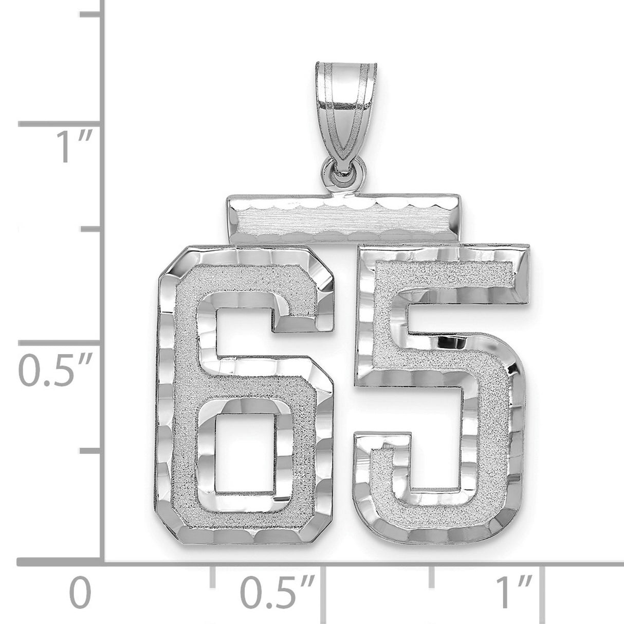 Large Brushed Diamond-cut Number 65 Charm Pendant in Real 14k White Gold
