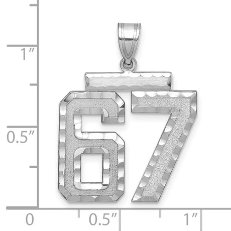 Large Brushed Diamond-cut Number 67 Charm Pendant in Real 14k White Gold