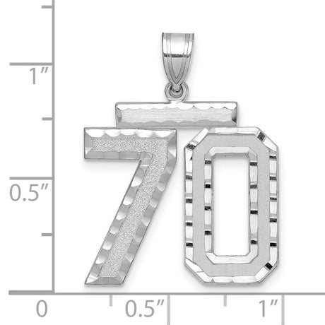 Large Brushed Diamond-cut Number 70 Charm Pendant in Real 14k White Gold