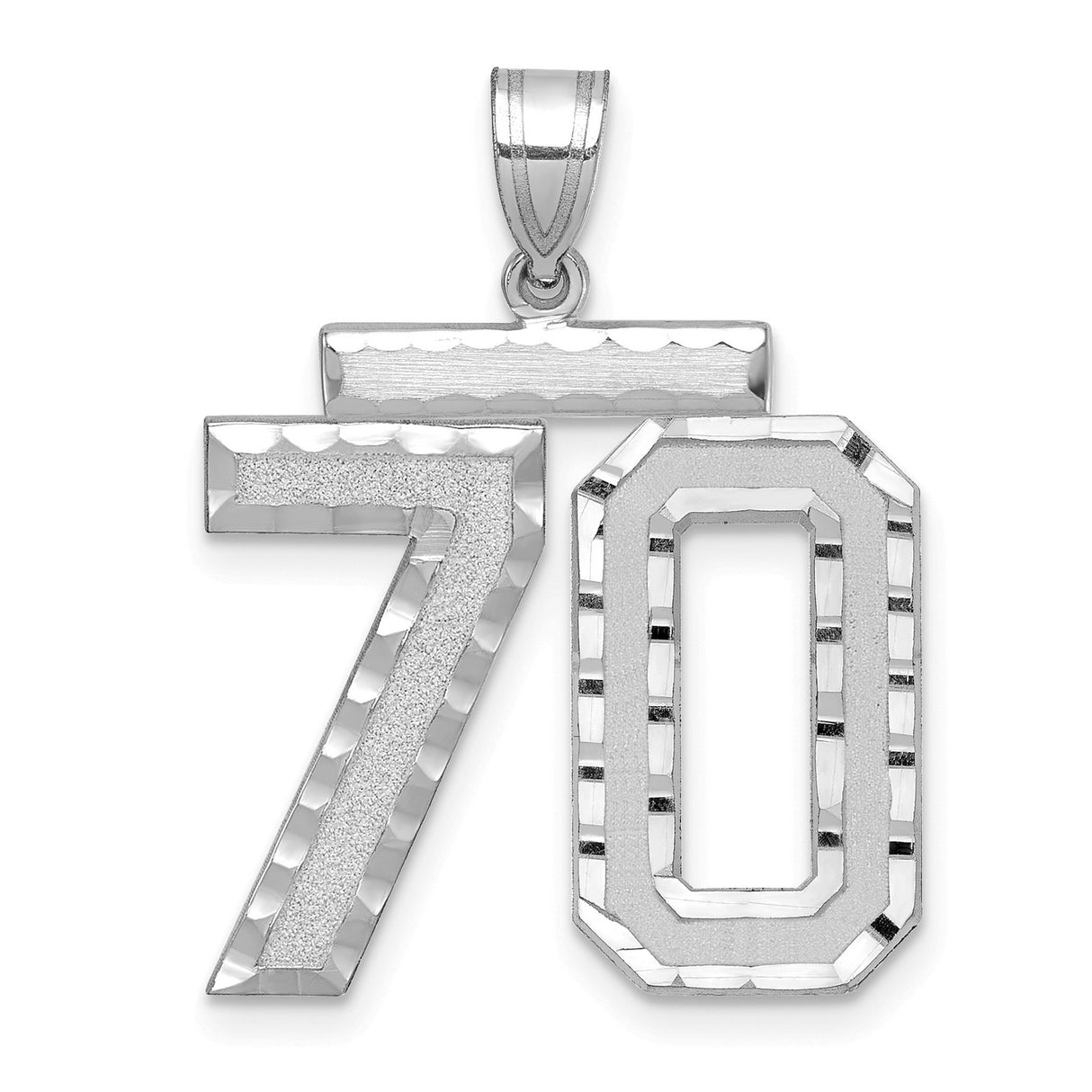 Large Brushed Diamond-cut Number 70 Charm Pendant in Real 14k White Gold