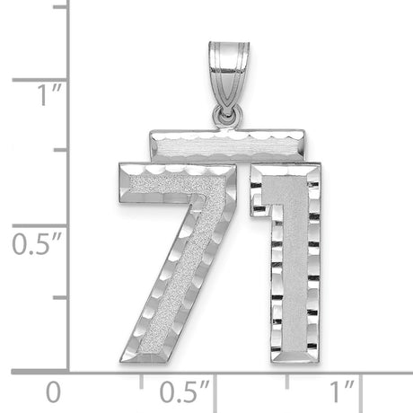Large Brushed Diamond-cut Number 71 Charm Pendant in Real 14k White Gold
