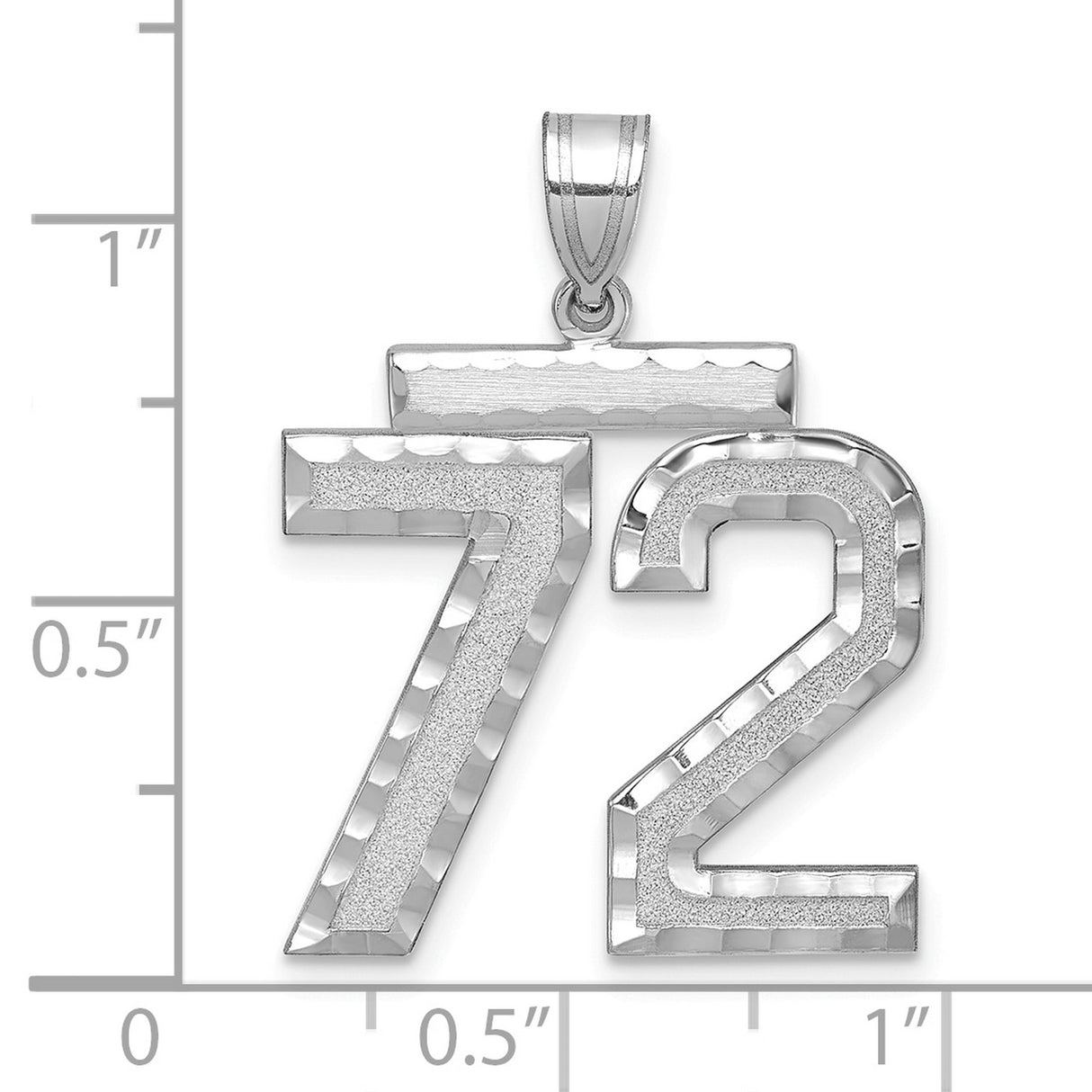 Large Brushed Diamond-cut Number 72 Charm Pendant in Real 14k White Gold
