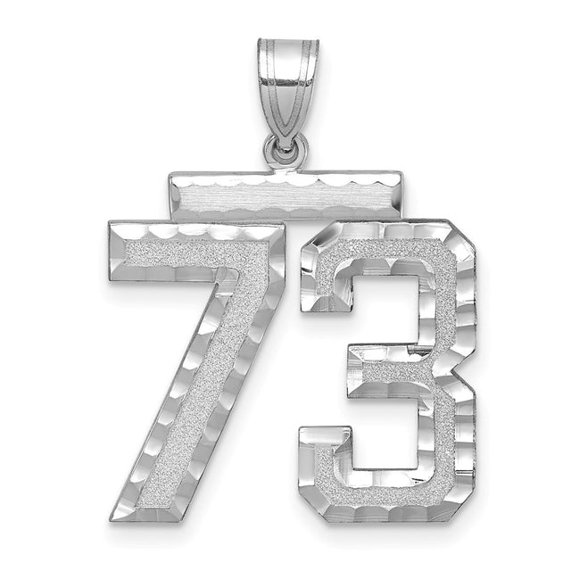 Large Brushed Diamond-cut Number 73 Charm Pendant in Real 14k White Gold