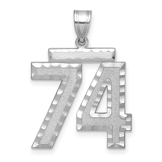 Large Brushed Diamond-cut Number 74 Charm Pendant in Real 14k White Gold