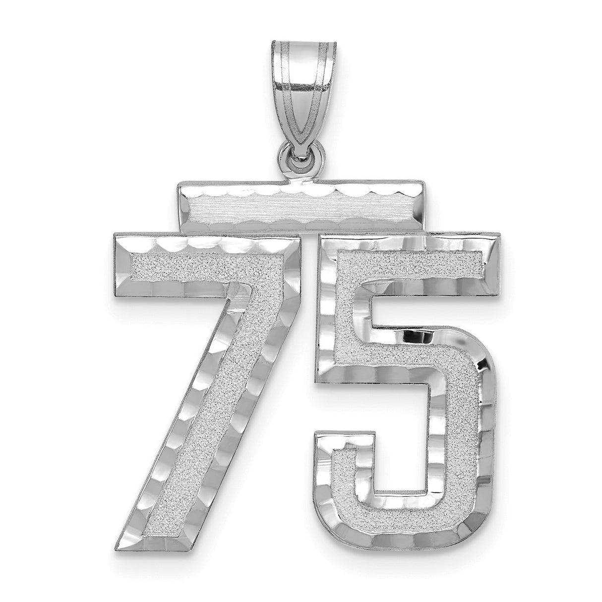Large Brushed Diamond-cut Number 75 Charm Pendant in Real 14k White Gold