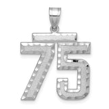 Large Brushed Diamond-cut Number 75 Charm Pendant in Real 14k White Gold
