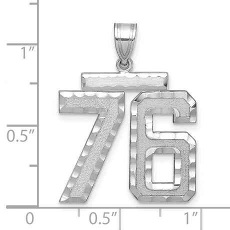 Large Brushed Diamond-cut Number 76 Charm Pendant in Real 14k White Gold