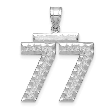 Large Brushed Diamond-cut Number 77 Charm Pendant in Real 14k White Gold
