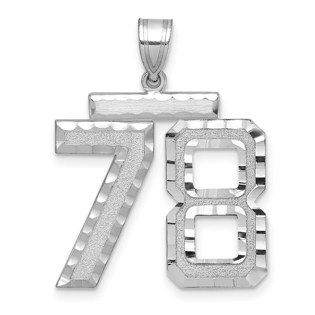 Large Brushed Diamond-cut Number 78 Charm Pendant in Real 14k White Gold