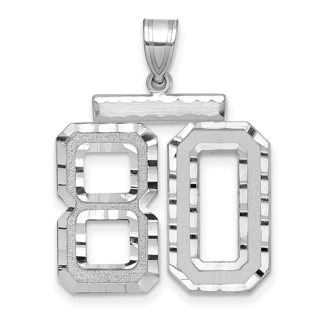Large Brushed Diamond-cut Number 80 Charm Pendant in Real 14k White Gold