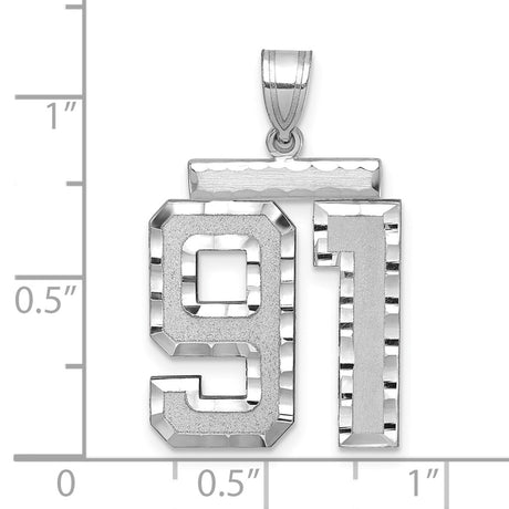 Large Brushed Diamond-cut Number 91 Charm Pendant in Real 14k White Gold