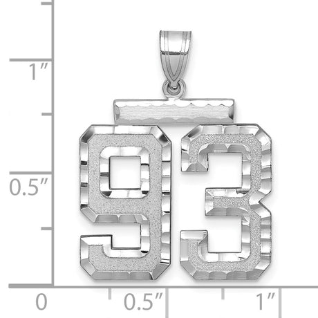 Large Brushed Diamond-cut Number 93 Charm Pendant in Real 14k White Gold
