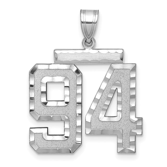 Large Brushed Diamond-cut Number 94 Charm Pendant in Real 14k White Gold