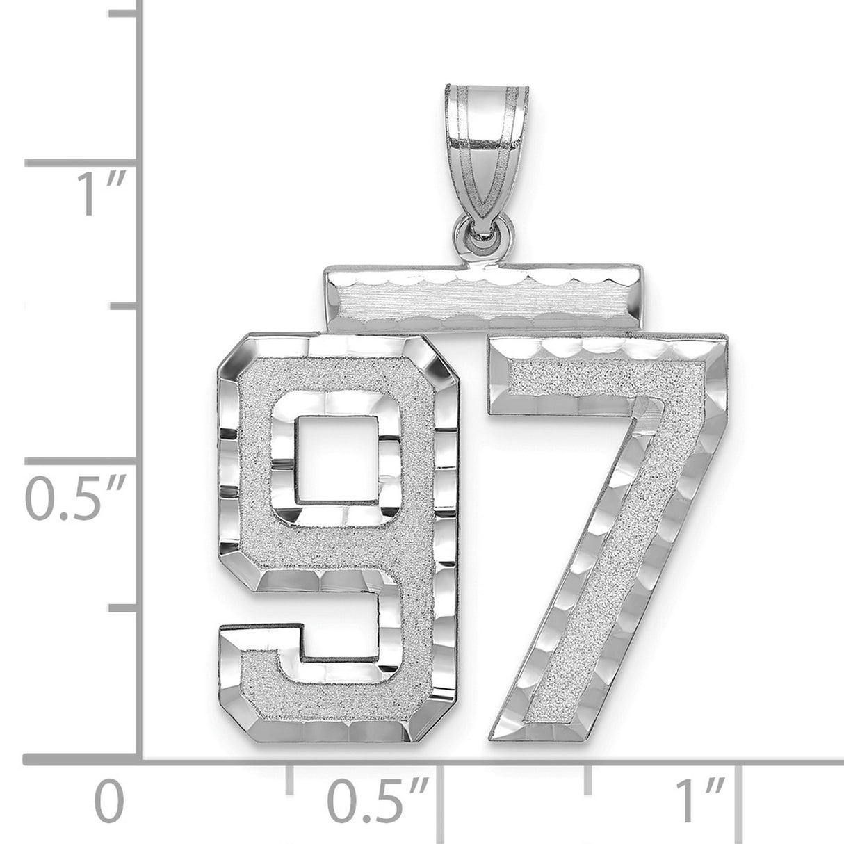 Large Brushed Diamond-cut Number 97 Charm Pendant in Real 14k White Gold