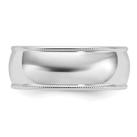 14K White Gold Half-Round Milgrain Domed Wedding Band No Stone 8mm Solid Ring