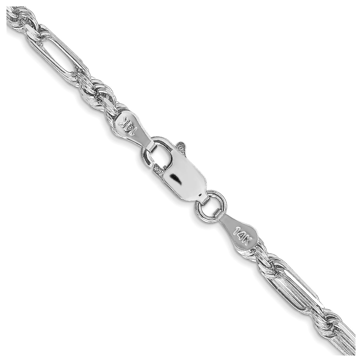 14K White Gold 3 mm Rope Chain Necklace, Polished alternate angle