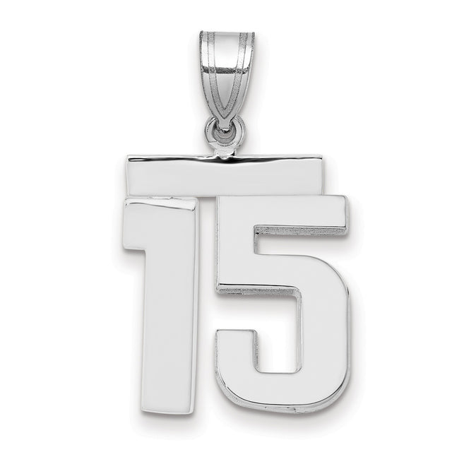 Medium Polished Number 15 Charm Pendant in Real 14k White Gold
