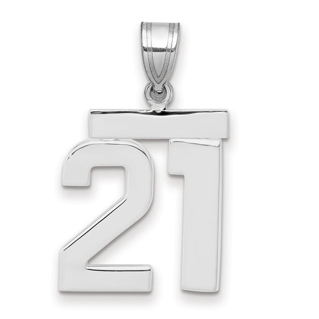 Medium Polished Number 21 Charm Pendant in Real 14k White Gold