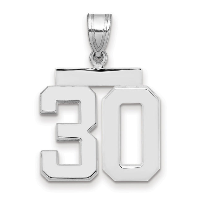 Medium Polished Number 30 Charm Pendant in Real 14k White Gold