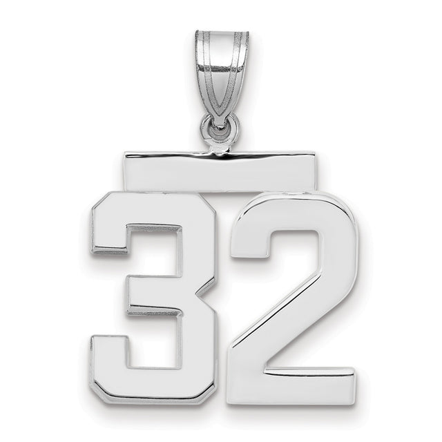 Medium Polished Number 32 Charm Pendant in Real 14k White Gold