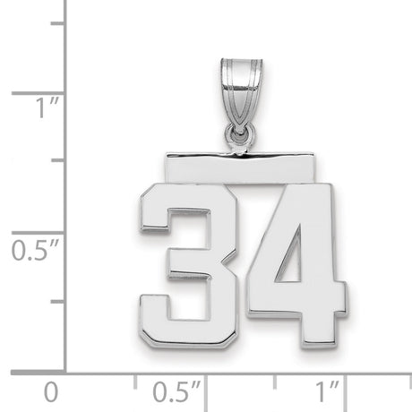 Medium Polished Number 34 Charm Pendant in Real 14k White Gold