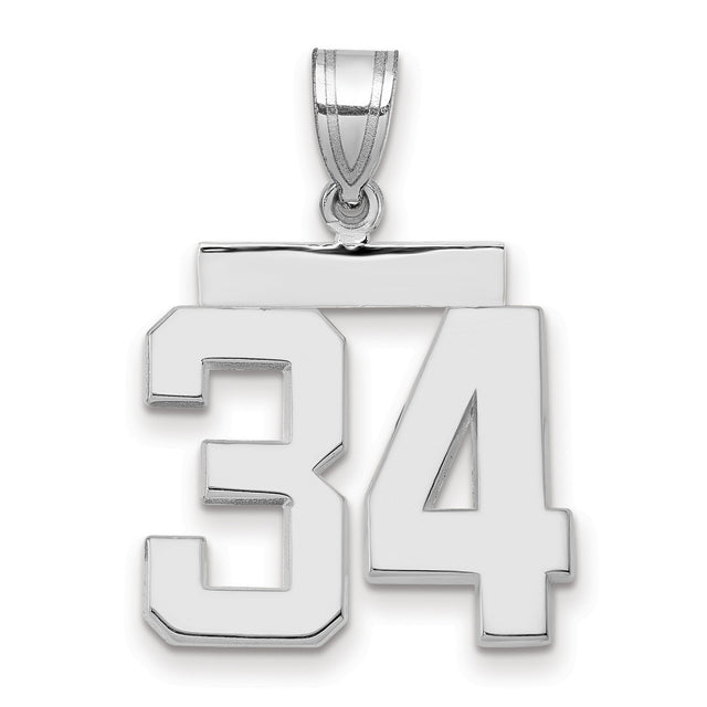 Medium Polished Number 34 Charm Pendant in Real 14k White Gold